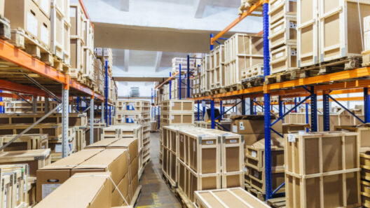 Logistic and distribution warehouse. Empty warehouse full of cargo. Cardboard boxes. Rows of shelves with paper boxes. Commercion concept